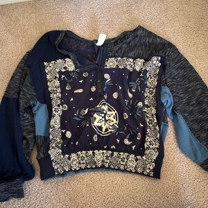 WE THE FREE Navy Paisley Embroidery Patchwork Top